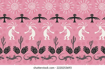 Kokopelli with flute, lizard, eagle, helix sun, hands and cactus ethnic vector seamless pattern. Aztec fertility god motif. Kokopelli dancer design. Aboriginal ethnic pattern. Nature motif.