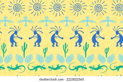 Kokopelli with flute, lizard, eagle, helix sun, hands and cactus ethnic vector seamless pattern. Pueblo fertility god motif. Kokopelli dancer design. Aboriginal ethnic pattern. Animals motif.