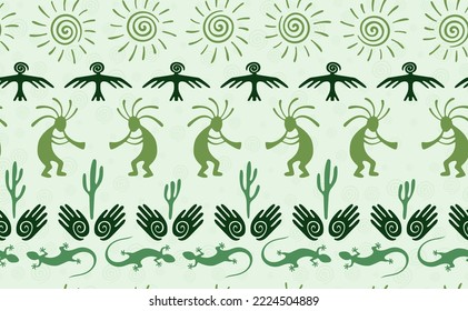 Kokopelli with flute, lizard, eagle, helix sun, hands and cactus ethnic vector seamless pattern. Anasazi fertility god motif. Kokopelli playing design. Southwestern ethnic pattern. Animals motif.