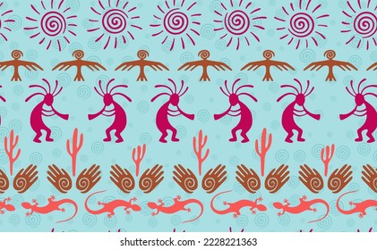 Kokopelli with flute, lizard, eagle, helix sun, hands and cactus ethnic vector seamless pattern. Aztec fertility god motif. Kokopelli trance design. Native american folk pattern. Animals motif.