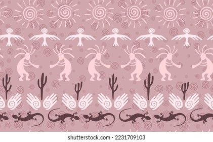 Kokopelli with flute, lizard, eagle, helix sun, hands and cactus ethnic vector seamless pattern. Hopi fertility god motif. Kokopelli powwow design. Southwestern ethnic pattern. Animals motif.