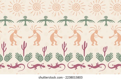 Kokopelli with flute, lizard, eagle, helix sun, hands and cactus ethnic vector seamless pattern. Anasazi fertility god motif. Kokopelli powwow design. Southwestern ethnic pattern. Nature motif.