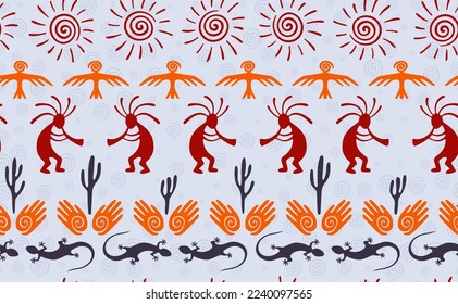 Kokopelli with flute, lizard, eagle, helix sun, hands and cactus ethnic vector seamless pattern. Aztec fertility god motif. Kokopelli trance design. Southwestern ethnic pattern. Nature motif.