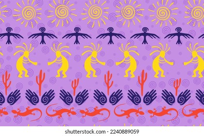 Kokopelli with flute, lizard, eagle, helix sun, hands and cactus ethnic vector seamless pattern. Aztec fertility god motif. Kokopelli powwow design. Aboriginal ethnic pattern. Nature motif.