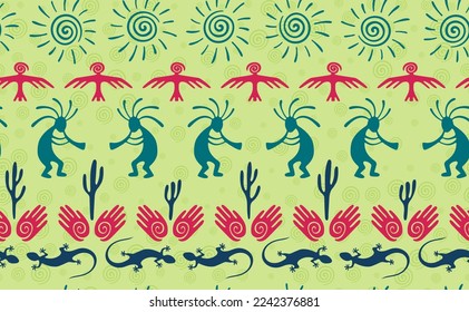 Kokopelli with flute, lizard, eagle, helix sun, hands and cactus ethnic vector seamless pattern. Pueblo fertility god motif. Kokopelli sorcerer design. Southwestern ethnic pattern. Animals motif.