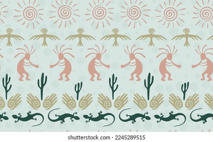 Kokopelli with flute, lizard, eagle, helix sun, hands and cactus ethnic vector seamless pattern. Aztec fertility god motif. Kokopelli trance design. Aboriginal ethnic pattern. Nature motif.