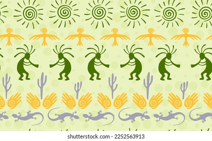 Kokopelli with flute, lizard, eagle, helix sun, hands and cactus ethnic vector seamless pattern. Hopi fertility god motif. Kokopelli powwow design. Southwestern ethnic pattern. Nature motif.
