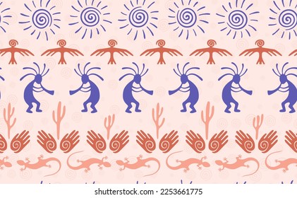 Kokopelli with flute, lizard, eagle, helix sun, hands and cactus ethnic vector seamless pattern. Indian fertility god motif. Kokopelli sorcerer design. Aboriginal ethnic pattern. Animals motif.