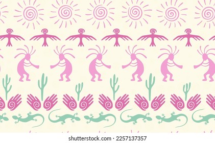 Kokopelli with flute, lizard, eagle, helix sun, hands and cactus ethnic vector seamless pattern. Aztec fertility god motif. Kokopelli powwow design. Native american folk pattern. Animals motif.