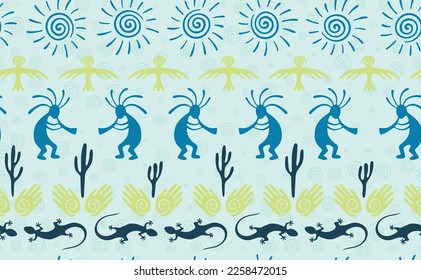 Kokopelli with flute, lizard, eagle, helix sun, hands and cactus ethnic vector seamless pattern. Anasazi fertility god motif. Kokopelli sorcerer design. Native american folk pattern. Nature motif.