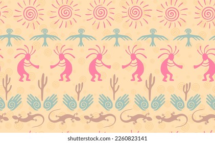 Kokopelli with flute, lizard, eagle, helix sun, hands and cactus ethnic vector seamless pattern. Indian fertility god motif. Kokopelli sorcerer design. Aboriginal ethnic pattern. Animals motif.