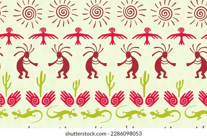 Kokopelli with flute, lizard, eagle, helix sun, hands and cactus ethnic vector seamless pattern. Anasazi fertility god motif. Kokopelli dancer design. Aboriginal ethnic pattern. Animals motif.