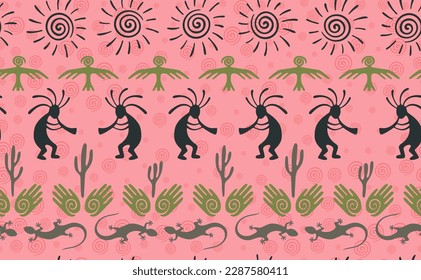 Kokopelli with flute, lizard, eagle, helix sun, hands and cactus ethnic vector seamless pattern. Aztec fertility god motif. Kokopelli sorcerer design. Aboriginal ethnic pattern. Animals motif.