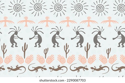 Kokopelli with flute, lizard, eagle, helix sun, hands and cactus ethnic vector seamless pattern. Indian fertility god motif. Kokopelli sorcerer design. Southwestern ethnic pattern. Animals motif.