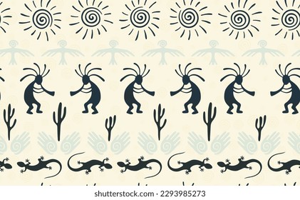 Kokopelli with flute, lizard, eagle, helix sun, hands and cactus ethnic vector seamless pattern. Pueblo fertility god motif. Kokopelli trickster design. Southwestern ethnic pattern. Nature motif.
