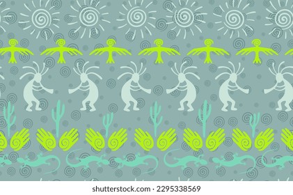 Kokopelli with flute, lizard, eagle, helix sun, hands and cactus ethnic vector seamless pattern. Anasazi fertility god motif. Kokopelli playing design. Native american folk pattern. Animals motif.