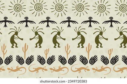 Kokopelli with flute, lizard, eagle, helix sun, hands and cactus ethnic vector seamless pattern. Indian fertility god motif. Kokopelli trance design. Aboriginal ethnic pattern. Nature motif.