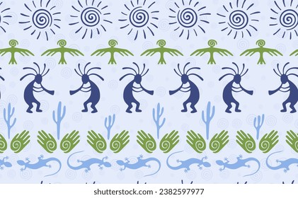 Kokopelli with flute, lizard, eagle, helix sun, hands and cactus ethnic vector seamless pattern. Aztec fertility god motif. Kokopelli playing design. Native american folk pattern. Animals motif.