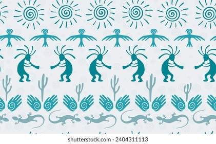 Kokopelli with flute, lizard, eagle, helix sun, hands and cactus ethnic vector seamless pattern. Hopi fertility god motif. Kokopelli dancer design. Native american folk pattern. Animals motif.