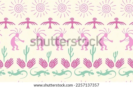 Kokopelli with flute, lizard, eagle, helix sun, hands and cactus ethnic vector seamless pattern. Aztec fertility god motif. Kokopelli powwow design. Native american folk pattern. Animals motif.