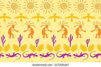 Kokopelli with flute, pangolin, hawk, sun symbol, hands and plant tribal vector seamless pattern. Pueblo fertility god motif. Kokopelli sorcerer design. Aboriginal ethnic pattern. Nature motif.