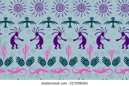 Kokopelli with flute, pangolin, hawk, sun symbol, hands and plant tribal vector seamless pattern. Hopi fertility god motif. Kokopelli powwow design. Southwestern ethnic pattern. Nature motif.