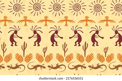 Kokopelli with flute, pangolin, hawk, sun symbol, hands and plant tribal vector seamless pattern. Pueblo fertility god motif. Kokopelli powwow design. Southwestern ethnic pattern. Nature motif.