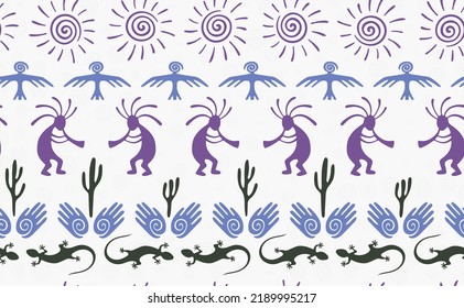 Kokopelli with flute, pangolin, hawk, sun symbol, hands and plant tribal vector seamless pattern. Pueblo fertility god motif. Kokopelli trickster design. Native american folk pattern. Nature motif.