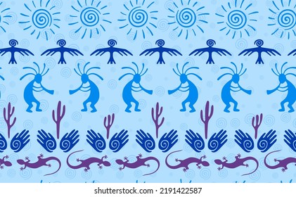 Kokopelli with flute, pangolin, hawk, sun symbol, hands and plant tribal vector seamless pattern. Pueblo fertility god motif. Kokopelli wizard design. Aboriginal ethnic pattern. Nature motif.