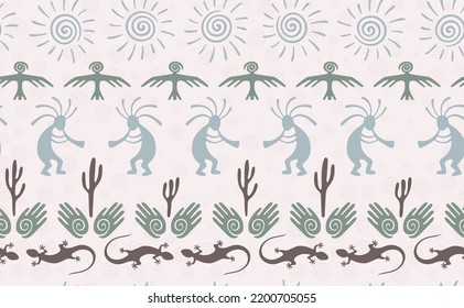 Kokopelli with flute, pangolin, hawk, sun symbol, hands and plant tribal vector seamless pattern. Pueblo fertility god motif. Kokopelli trance design. Southwestern ethnic pattern. Nature motif.