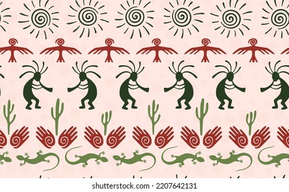 Kokopelli with flute, pangolin, hawk, sun symbol, hands and plant tribal vector seamless pattern. Anasazi fertility god motif. Kokopelli playing design. Southwestern ethnic pattern. Animals motif.