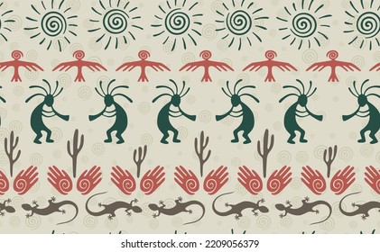 Kokopelli with flute, pangolin, hawk, sun symbol, hands and plant tribal vector seamless pattern. Aztec fertility god motif. Kokopelli dancer design. Native american folk pattern. Nature motif.