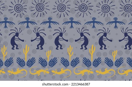 Kokopelli with flute, pangolin, hawk, sun symbol, hands and plant tribal vector seamless pattern. Hopi fertility god motif. Kokopelli powwow design. Aboriginal ethnic pattern. Animals motif.