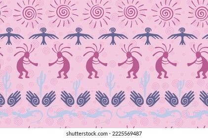 Kokopelli with flute, pangolin, hawk, sun symbol, hands and plant tribal vector seamless pattern. Anasazi fertility god motif. Kokopelli playing design. Southwestern ethnic pattern. Nature motif.