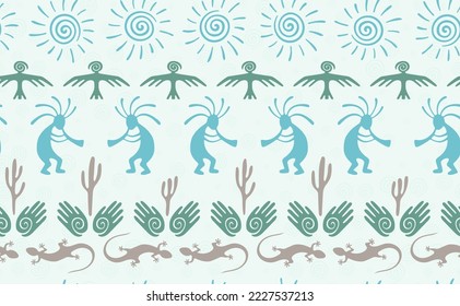 Kokopelli with flute, pangolin, hawk, sun symbol, hands and plant tribal vector seamless pattern. Anasazi fertility god motif. Kokopelli trickster design. Southwestern ethnic pattern. Nature motif.