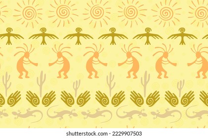 Kokopelli with flute, pangolin, hawk, sun symbol, hands and plant tribal vector seamless pattern. Hopi fertility god motif. Kokopelli playing design. Aboriginal ethnic pattern. Animals motif.