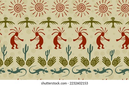 Kokopelli with flute, pangolin, hawk, sun symbol, hands and plant tribal vector seamless pattern. Anasazi fertility god motif. Kokopelli wizard design. Aboriginal ethnic pattern. Nature motif.