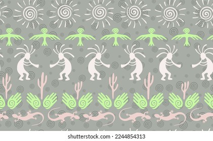 Kokopelli with flute, pangolin, hawk, sun symbol, hands and plant tribal vector seamless pattern. Aztec fertility god motif. Kokopelli wizard design. Southwestern ethnic pattern. Nature motif.