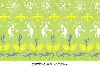 Kokopelli with flute, pangolin, hawk, sun symbol, hands and plant tribal vector seamless pattern. Pueblo fertility god motif. Kokopelli dancer design. Aboriginal ethnic pattern. Animals motif.