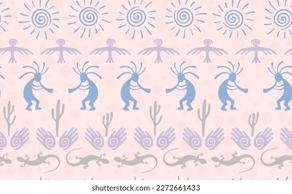 Kokopelli with flute, pangolin, hawk, sun symbol, hands and plant tribal vector seamless pattern. Aztec fertility god motif. Kokopelli trance design. Native american folk pattern. Nature motif.