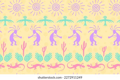 Kokopelli with flute, pangolin, hawk, sun symbol, hands and plant tribal vector seamless pattern. Aztec fertility god motif. Kokopelli dancer design. Aboriginal ethnic pattern. Animals motif.