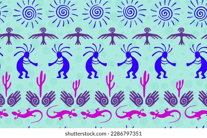 Kokopelli with flute, pangolin, hawk, sun symbol, hands and plant tribal vector seamless pattern. Pueblo fertility god motif. Kokopelli wizard design. Southwestern ethnic pattern. Animals motif.