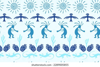 Kokopelli with flute, pangolin, hawk, sun symbol, hands and plant tribal vector seamless pattern. Pueblo fertility god motif. Kokopelli playing design. Southwestern ethnic pattern. Animals motif.