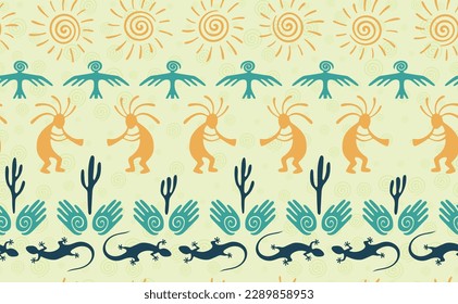 Kokopelli with flute, pangolin, hawk, sun symbol, hands and plant tribal vector seamless pattern. Pueblo fertility god motif. Kokopelli playing design. Southwestern ethnic pattern. Nature motif.