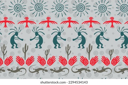Kokopelli with flute, pangolin, hawk, sun symbol, hands and plant tribal vector seamless pattern. Indian fertility god motif. Kokopelli trance design. Aboriginal ethnic pattern. Nature motif.