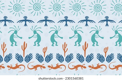 Kokopelli with flute, pangolin, hawk, sun symbol, hands and plant tribal vector seamless pattern. Anasazi fertility god motif. Kokopelli sorcerer design. Aboriginal ethnic pattern. Animals motif.