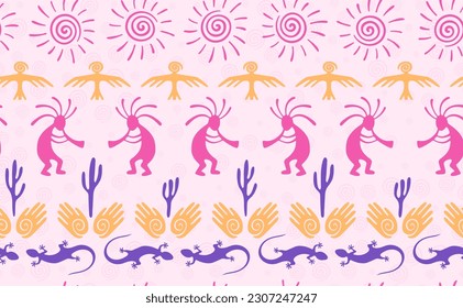 Kokopelli with flute, pangolin, hawk, sun symbol, hands and plant tribal vector seamless pattern. Aztec fertility god motif. Kokopelli trance design. Native american folk pattern. Nature motif.