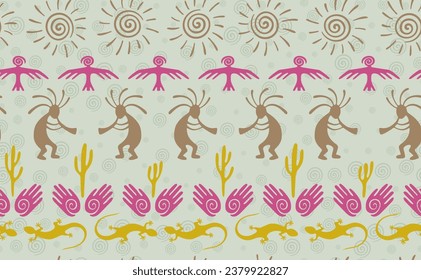 Kokopelli with flute, pangolin, hawk, sun symbol, hands and plant tribal vector seamless pattern. Hopi fertility god motif. Kokopelli sorcerer design. Aboriginal ethnic pattern. Animals motif.