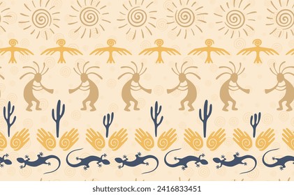 Kokopelli with flute, pangolin, hawk, sun symbol, hands and plant tribal vector seamless pattern. Indian fertility god motif. Kokopelli dancer design. Native american folk pattern. Nature motif.