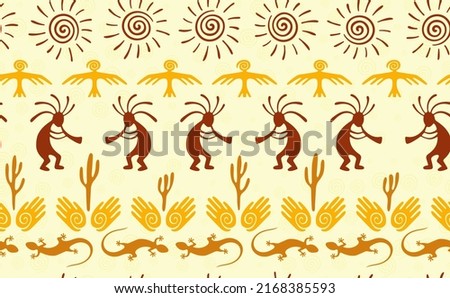 Kokopelli with flute, pangolin, hawk, sun symbol, hands and plant tribal vector seamless pattern. Indian fertility god motif. Kokopelli dancer design. Aboriginal ethnic pattern. Nature motif.
